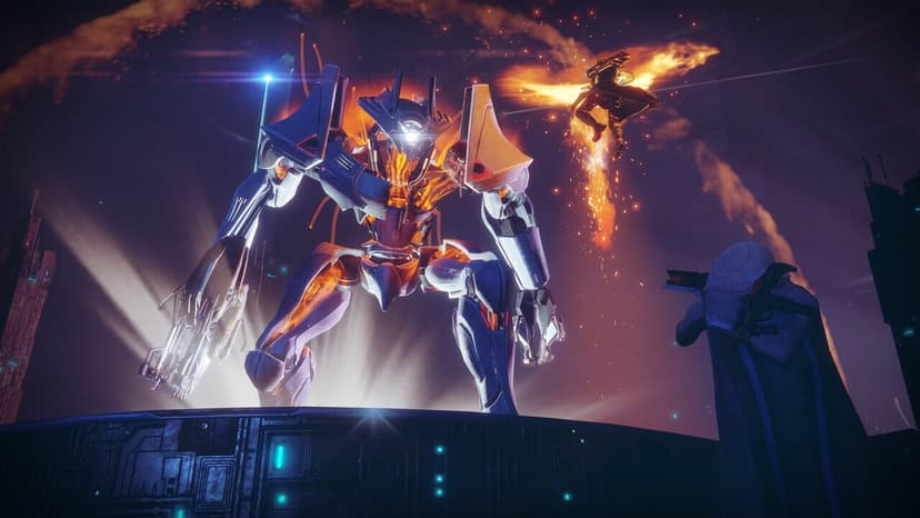Warframe gameplay screenshot showing vibrant sci-fi action combat with colorful abilities and