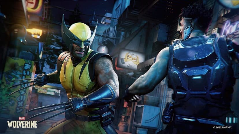 Wolverine in combat stance, glowing red rage meter visible, intense action gameplay.