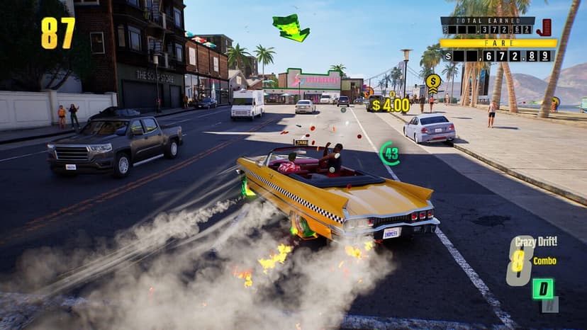 Crazy Taxi: World Tour screenshot showing AI-generated buildings and street signs in game