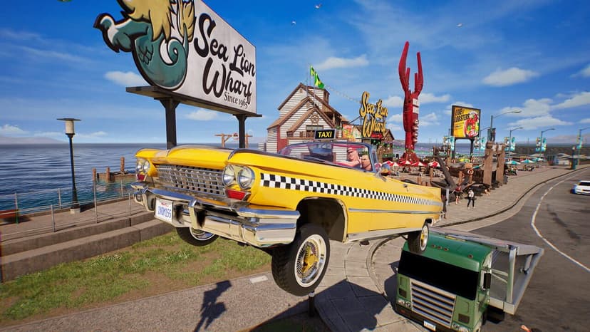 Crazy Taxi gameplay showing colorful AI-generated buildings and street signs along urban route.