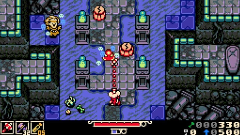 Pixel-art character Mina wielding a pickaxe in colorful underground cavern environment.